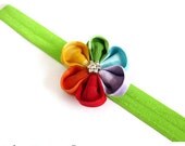 Rainbow Chevron Diamante Kanzashi Flower Headband Baby Newborn Girl Chic Red Orange Yellow Green Blue Lilac Riley Blake Designer Fabric