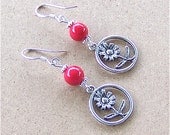 Silver Flower Power Circle Earrings With Cherry Red Beads