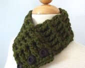 Womens Scarf, Teen Scarf, Womens Textured Scarf, Scarflette, Cowl, Neckwarmer - Olive Green, Brown Wood Buttons Warm Trendy Crochet Scarf