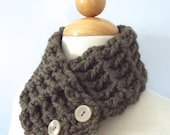 Child Scarf, Kids Scarf, 4T to Preteen Textured Scarf, Scarflette, Cowl, Neckwarmer - Taupe with Light Brown Buttons Crochet Scarf