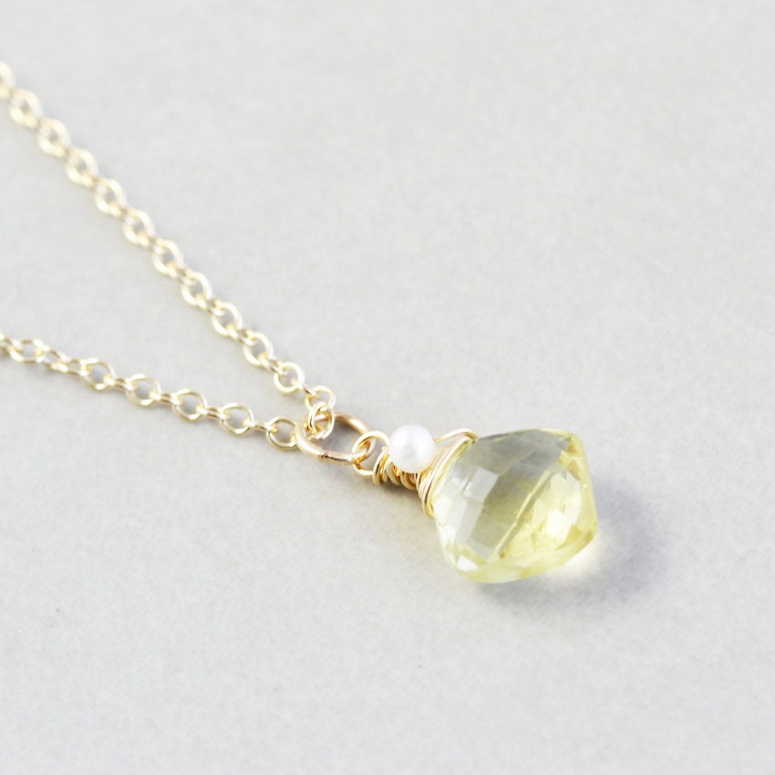 Yellow Pendant Necklace, Brazilian Gold Quartz Necklace, Pearl Necklace