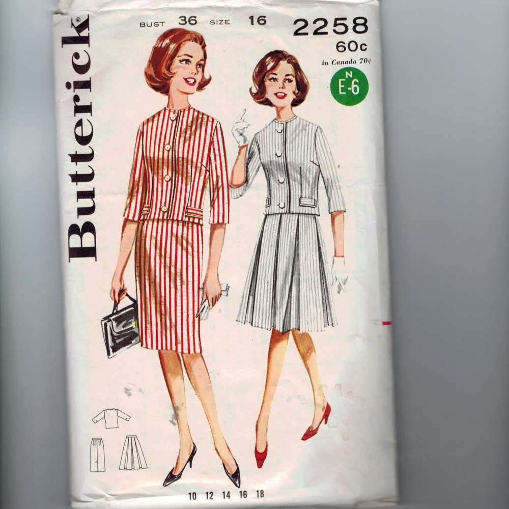 1960s Vintage Sewing Pattern Butterick 2258 Misses Top Pleated Slim Skirt Size 16 Bust 36 60s