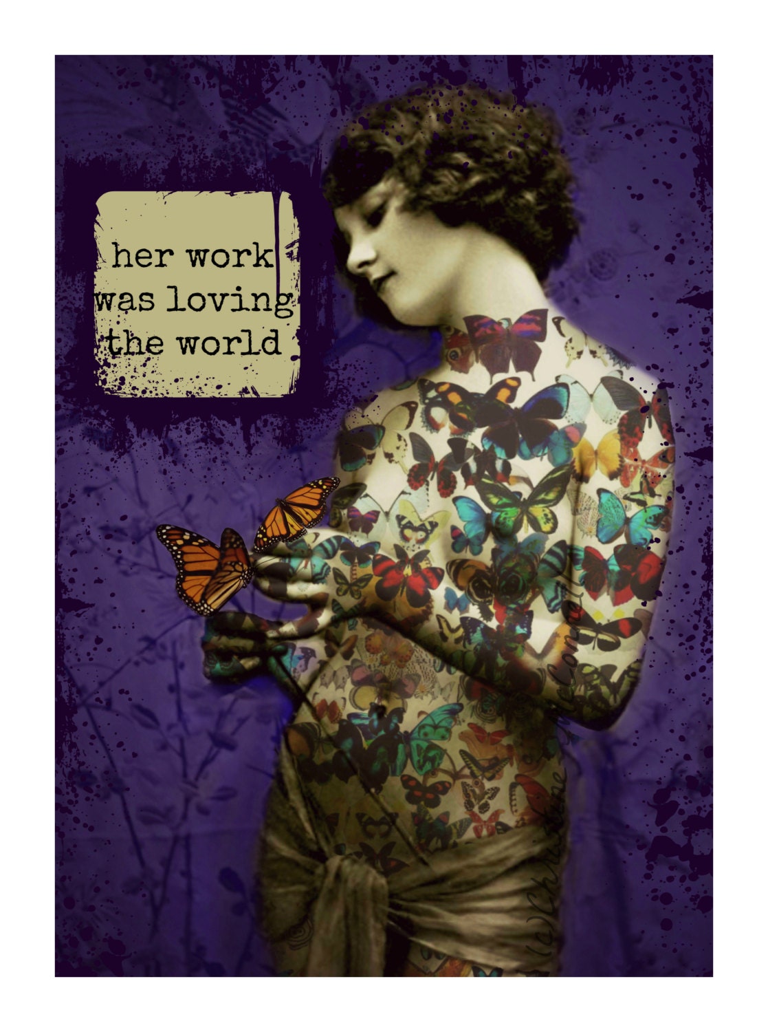 Art Deco Tattoo Butterfly A3 Girl Photomontage Print Signed Mixed Media Collage Original Painted Photograph Wall Decor