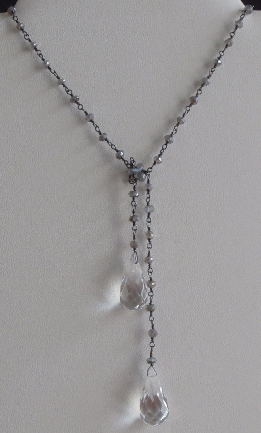 Pools of Light Briolette Drop Lariat Necklace - 32" Inches Long - Vintage Natural Rock Crystal Quartz - Mystic Labradorite on Antiqued Wire
