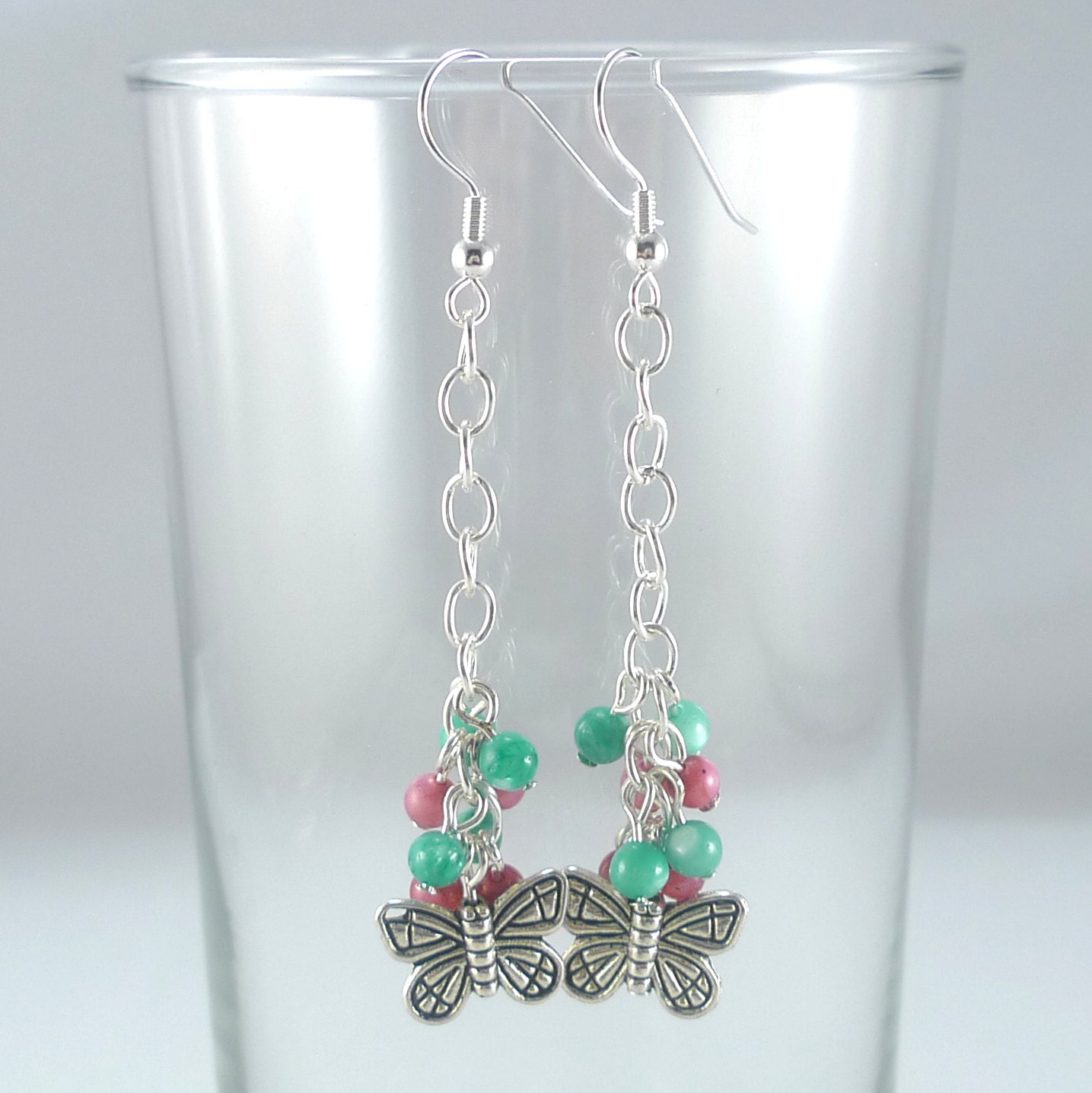 Butterfly Chain Earrings in Pink and Teal