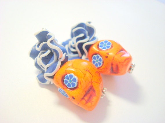 Orange and Blue Day of the Dead Roses and Sugar Skull Earrings