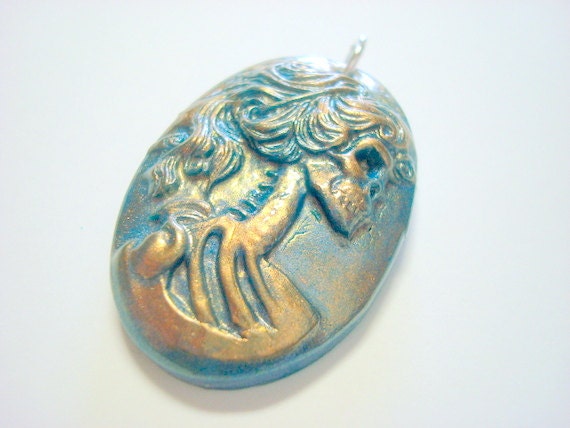 Turquoise, Gold and Bronze Lolita Day of the Dead Handmade Pendant