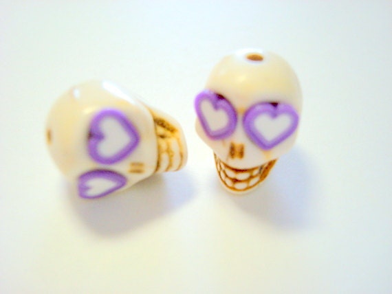 Purple Heart Eyes in Small Ivory Day of The Dead Sugar Skull Beads-12mm