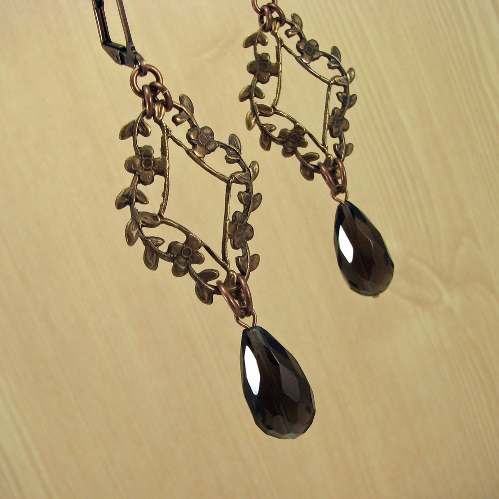 Floral vine dangle earrings with quartz drops in smoky topaz color