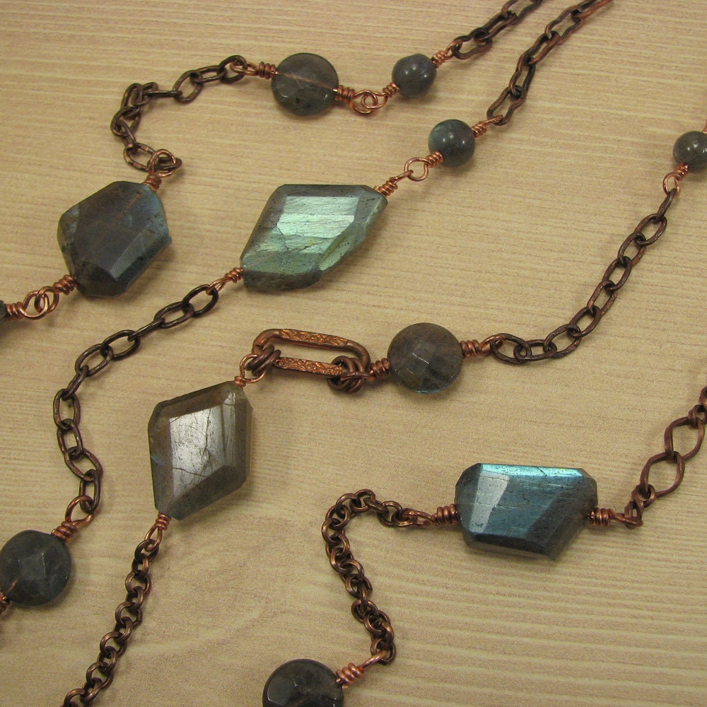 Labradorite and copper necklace, long, multi tier, one-of-a-kind