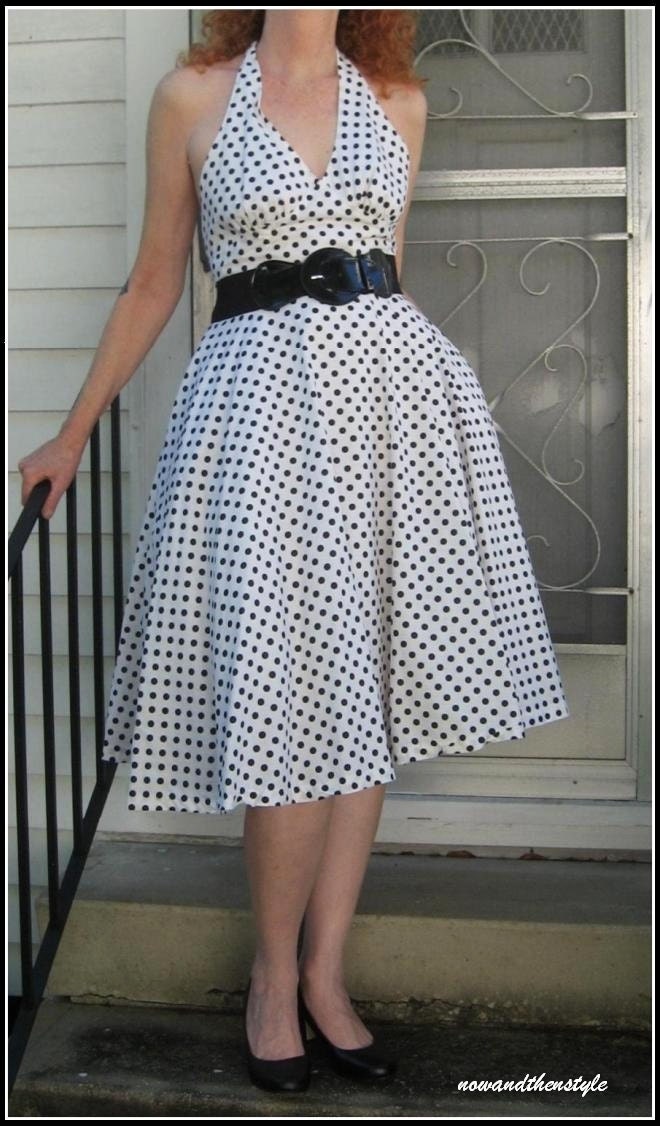 Vintage 1980s does 50s Halter Dress Black and White Polka Dot Pockets Big Circle Skirt Waist 26