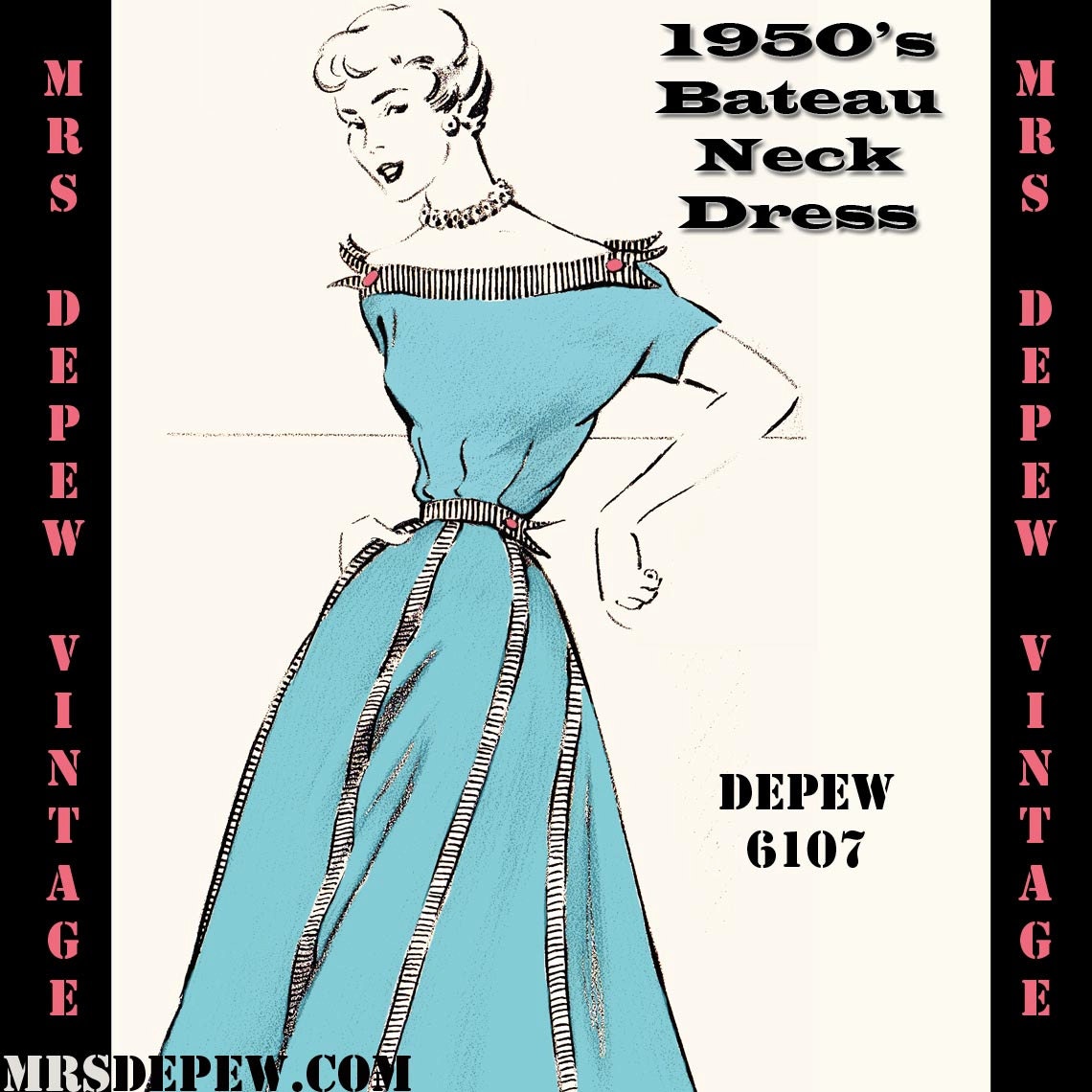 Vintage Sewing Pattern 1950's Bateau Neck Dress in Any Size Depew 6107 -INSTANT DOWNLOAD-