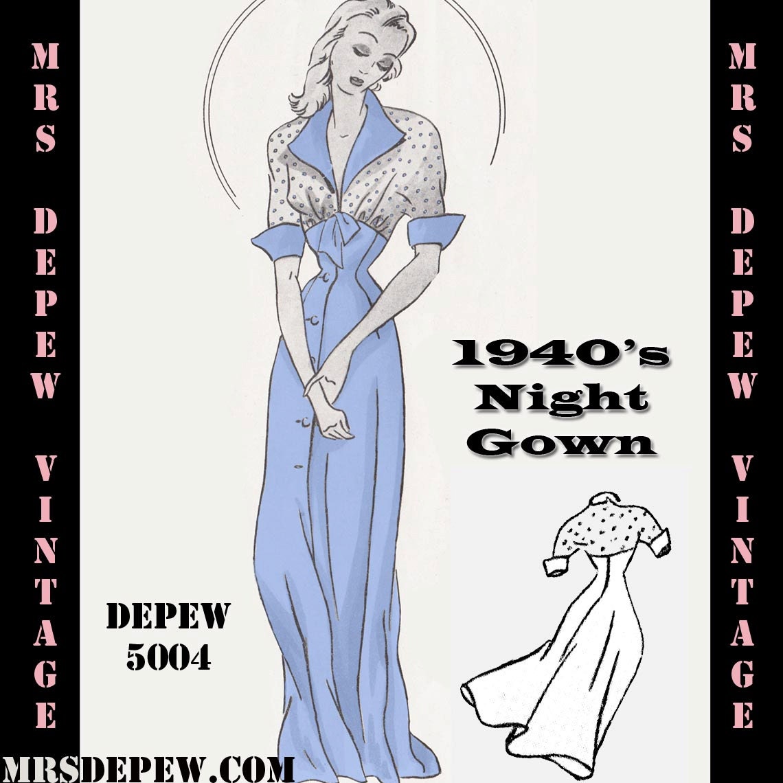 Vintage Sewing Pattern 1940's Night Gown in Any Size Depew 5004 -INSTANT DOWNLOAD-