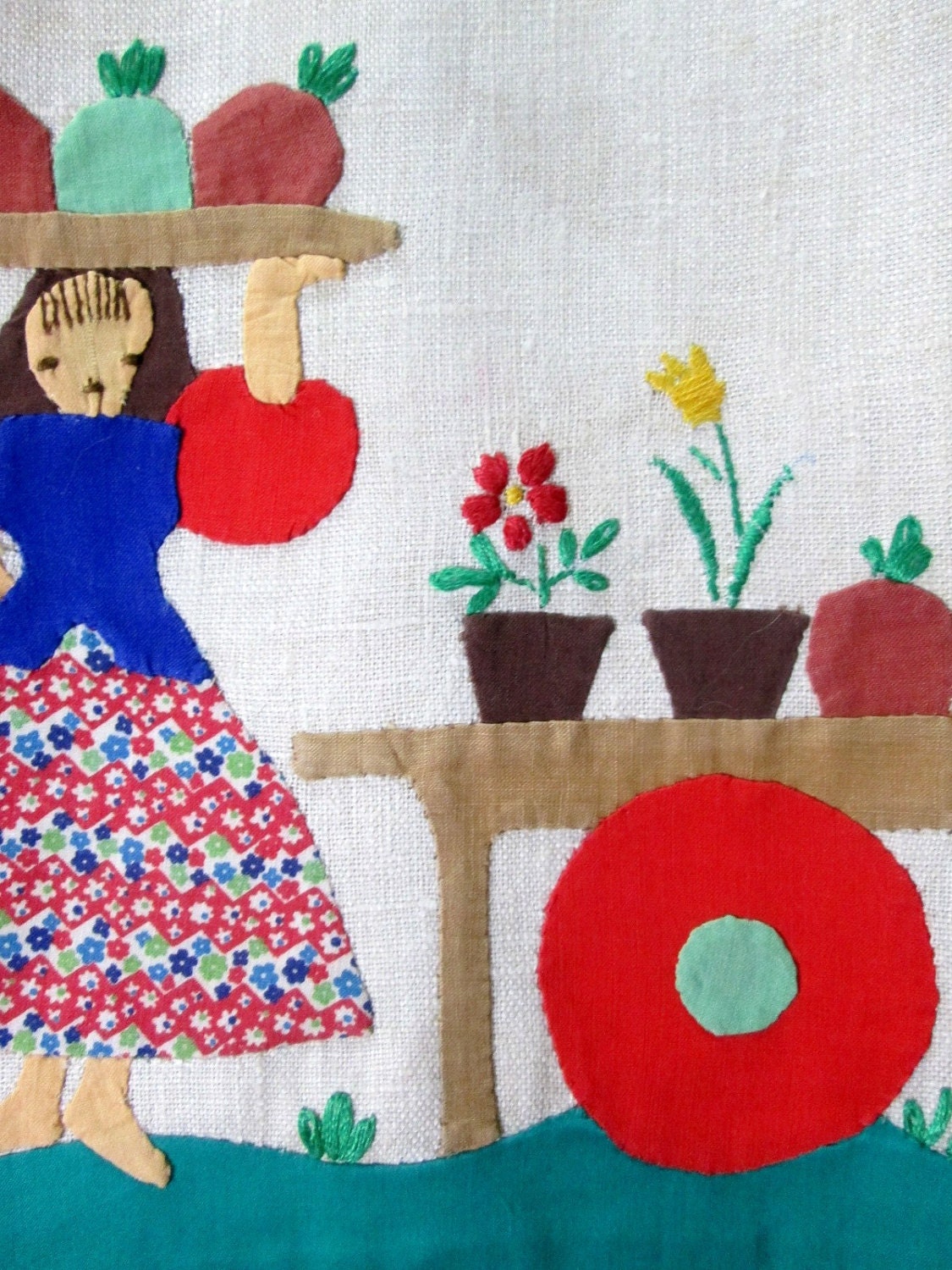 Vintage Tea Towel Applique Embroidery  Woman and Cart MINT