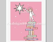 Astronaut art children wall art illustration, baby girl nursery decor, kids wall art, alphabet art, reading print, books Reach The Star