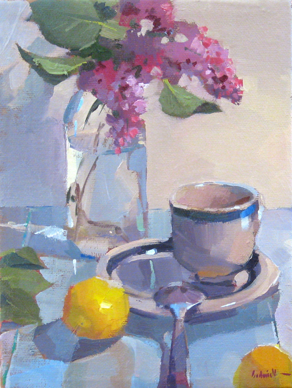 Oil painting on canvas original art "Lilacs and Tea" by Oregon artist Sarah Sedwick 6x8