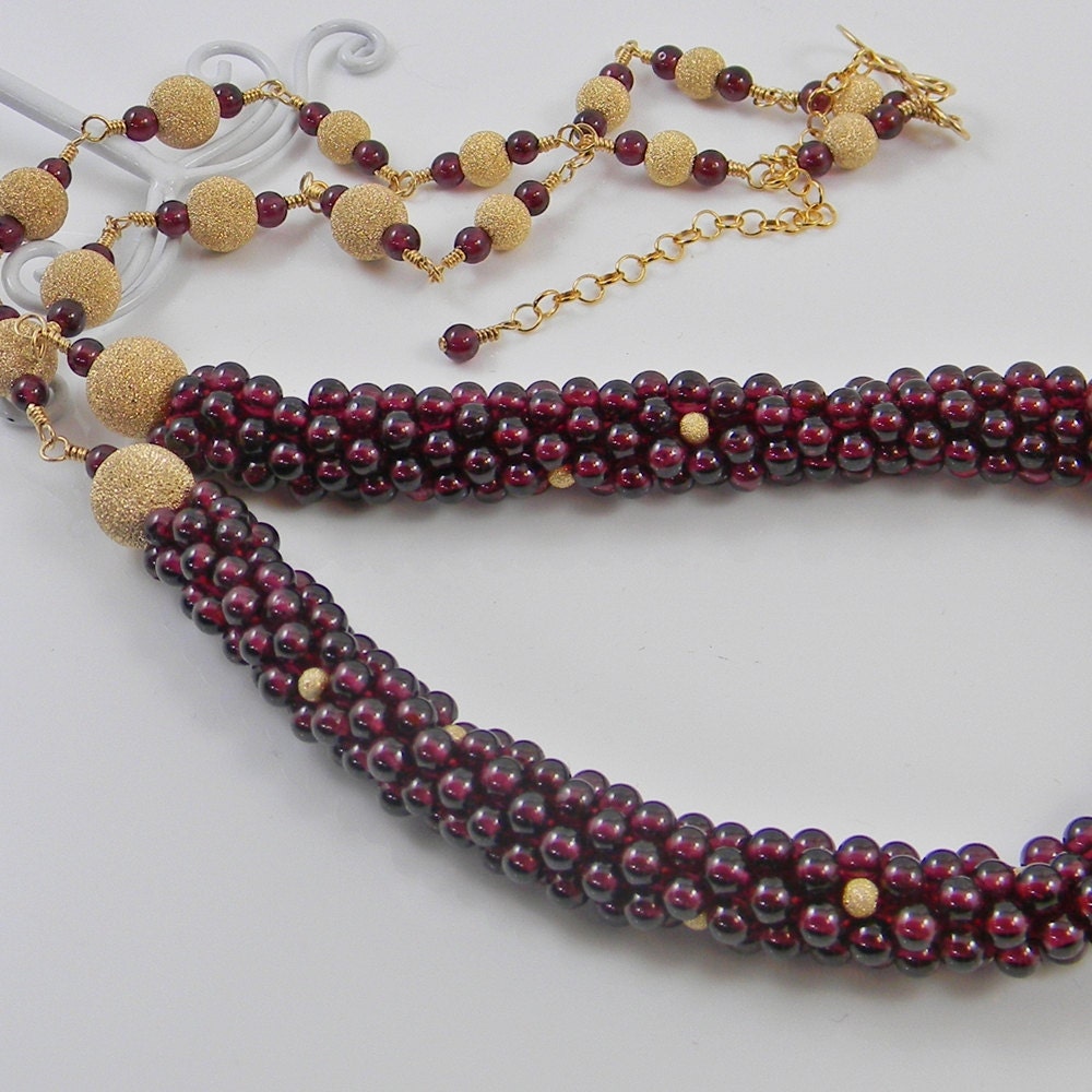 Luxurious Garnet and Gold Crocheted Rope Necklace - Vintage inspired - Birthstone - Anniversary