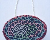 Large Embroidery Stitched Zentangle Necklace in Pink and Blue