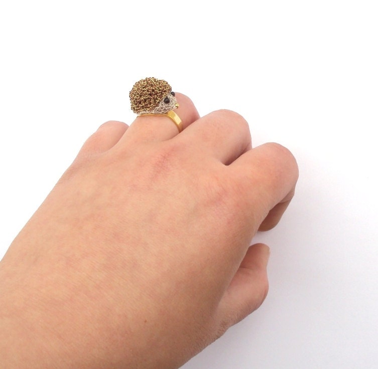 hedgehog jewelry, crochet wire hedgehog ring, adjustable gold plated band