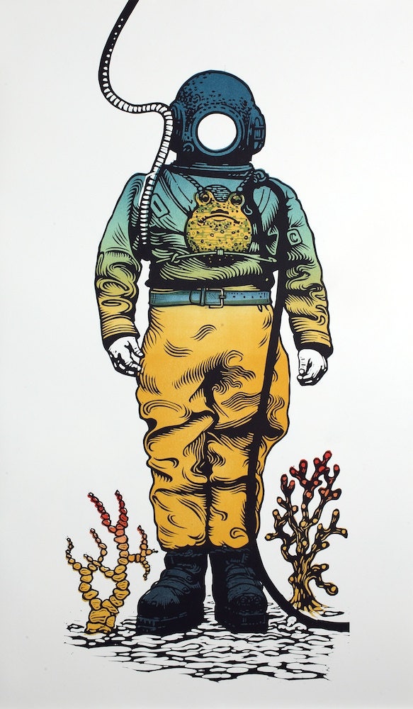 Deep Sea Diver linocut original relief print
