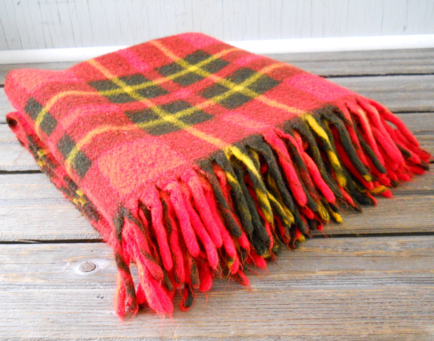 Vintage Plaid Wool Picnic Car Blanket