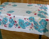Vintage Tablecloth Aqua Red and Yellow