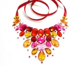 Bright and Intensely Colored Red, Pink, and Orange Floating Illusion Rhinestone Statement Necklace