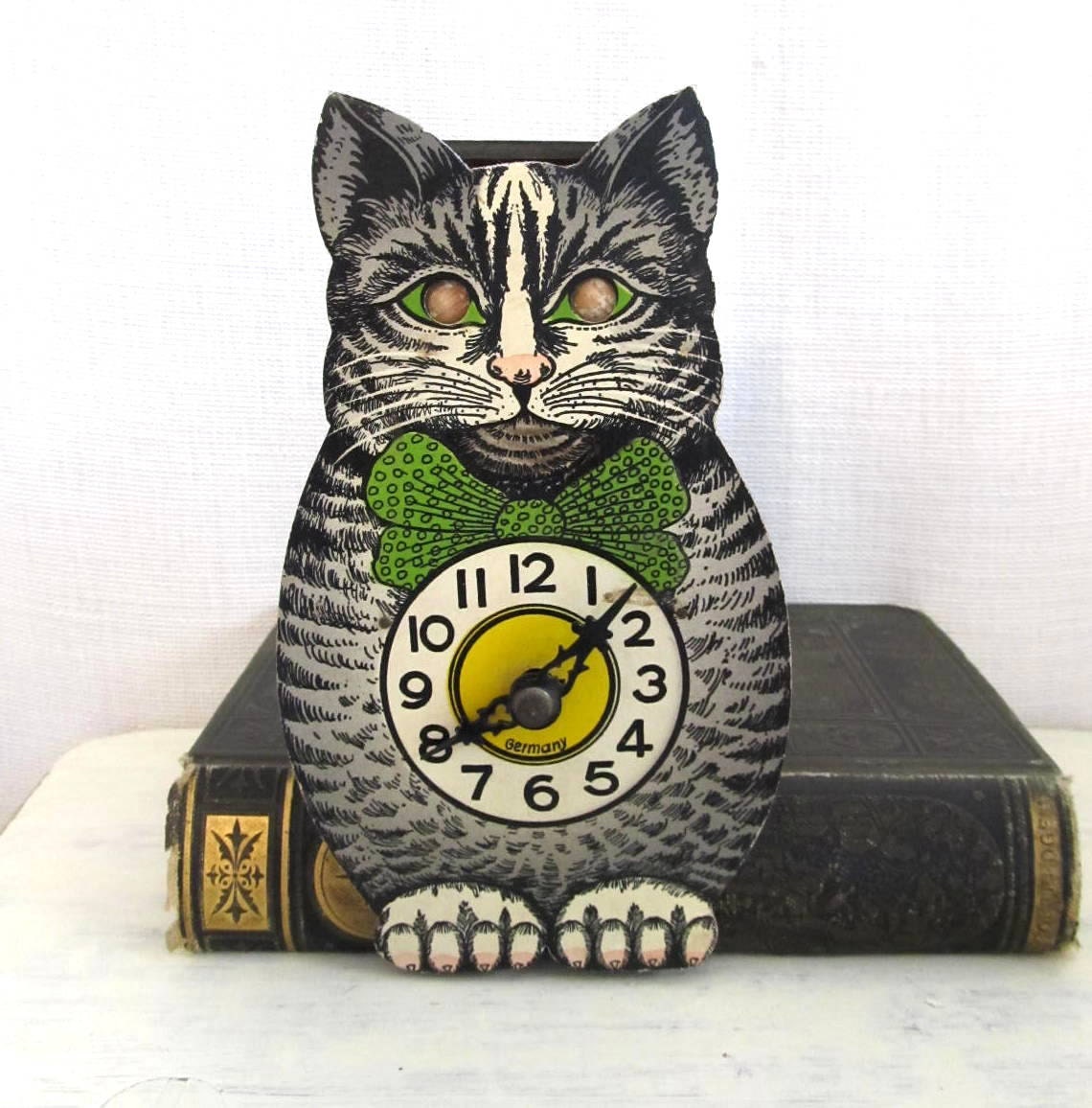 Vintage German Wooden Cat Clock Figural with Moving Eyes Forestville Clock Co.
