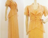 30s Dress Vintage Peach Blush Lace Tea Gown & Peplum Jacket 3 Piece Bridal Suit M