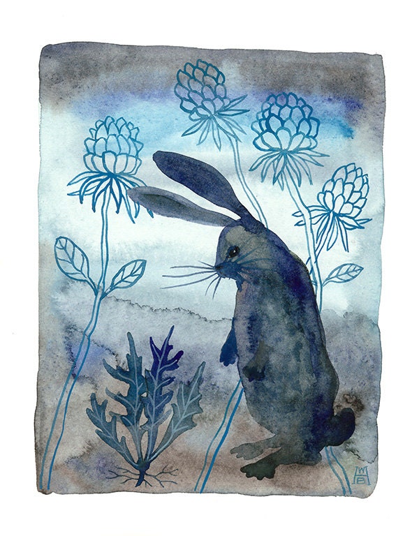 midnight in the garden bunny rabbit original watercolor painting