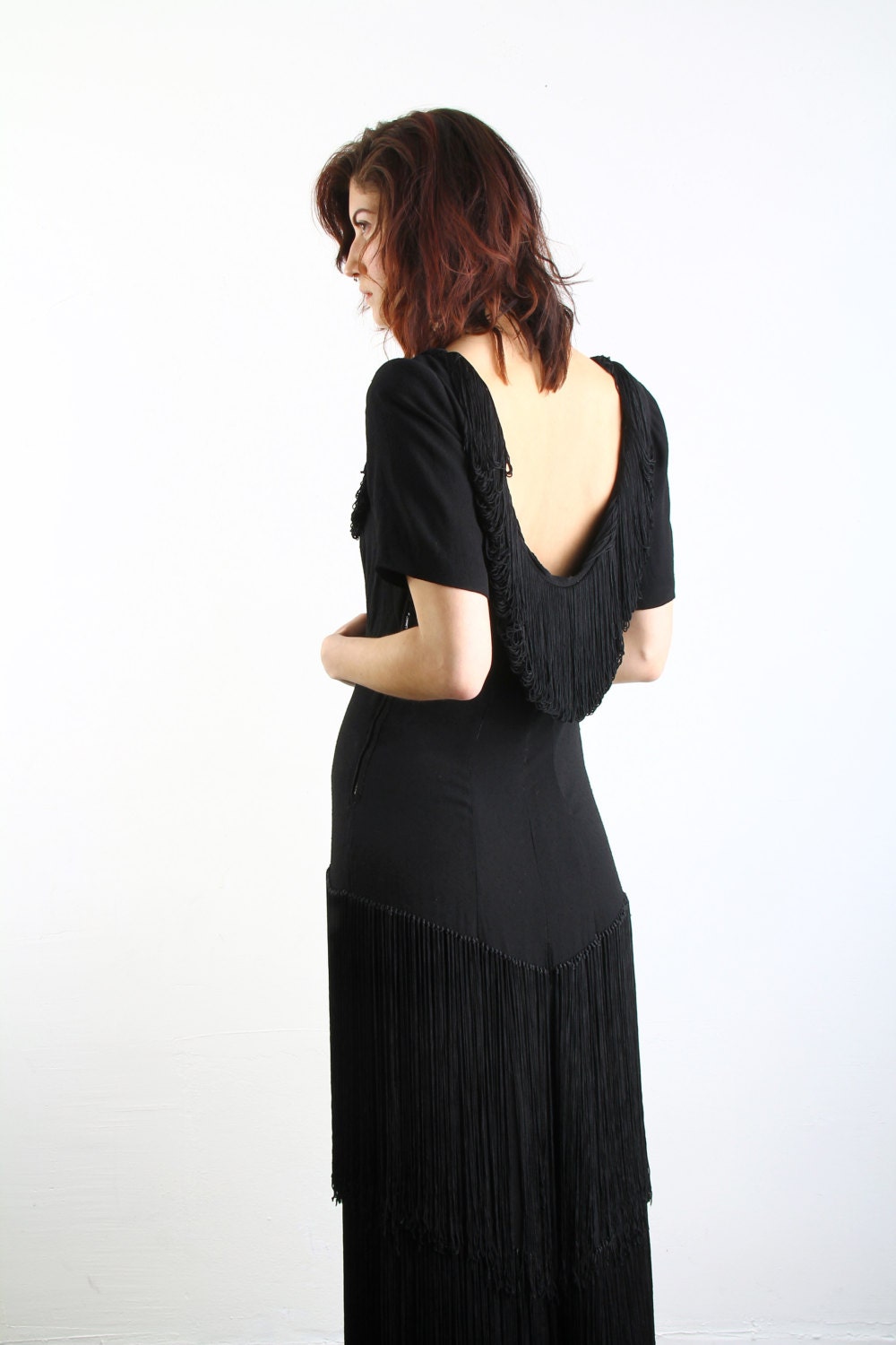 1930s Fringe Dress . Maxi Gown . LBD . Black Rayon