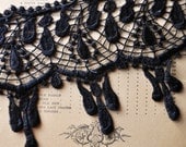 Antique Black Schiffli Chemical Lace Venice Victorian Mourning Flapper 1920s Edwardian Wide Dangle Scallop Net
