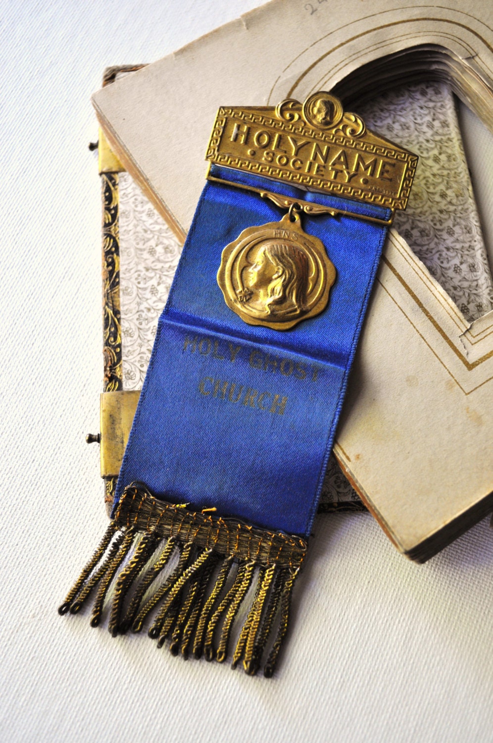 Holy Name Society Medal Ribbon Award Badge Antique Metal Brass Metallic Bullion Fringe Pin Blue Holy Ghost Church
