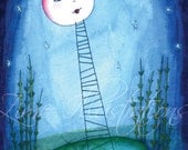 FREE SHIPPING Children wall art print - Dark blue night - Moon on the stars - children bedding 6 x 8 print from my original illustration