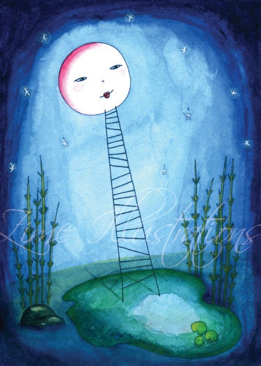 FREE SHIPPING Children wall art print - Dark blue night - Moon on the stars - children bedding 6 x 8 print from my original illustration