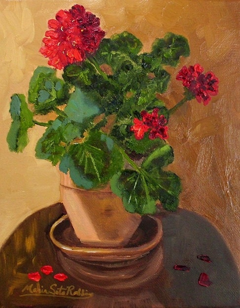 Red Geranium in Shadow Oil Painting