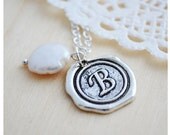 Wax Seal Pendant Necklace, Fresh Water Pearl Necklace, Initial Jewelry, Name Necklace, Name Initial, Mother's Day 2013