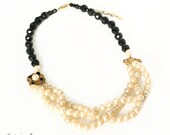 Eco Friendly Black and Vintage Cream Pearl Multi Strand Wedding Necklace, Upcycled, Filigree, Brass, Victorian Style, Statement Necklace