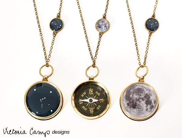 Moon and Stars Large Working Compass and Charm Necklace - Choose Your Constellation, Birthday, Custom Zodiac Jewelry