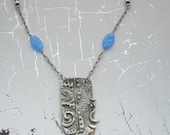 Stamped Metal Necklace Ethnic Inspired Necklace Silver Brass Mixed Media Ancient Ruins Pendant Blue Glass Beads