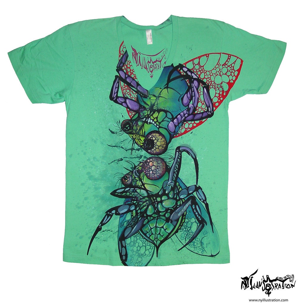 Bluebottle Flies Tshirt - handpainted, one of a kind by NYillustration - Adult Unisex size Medium