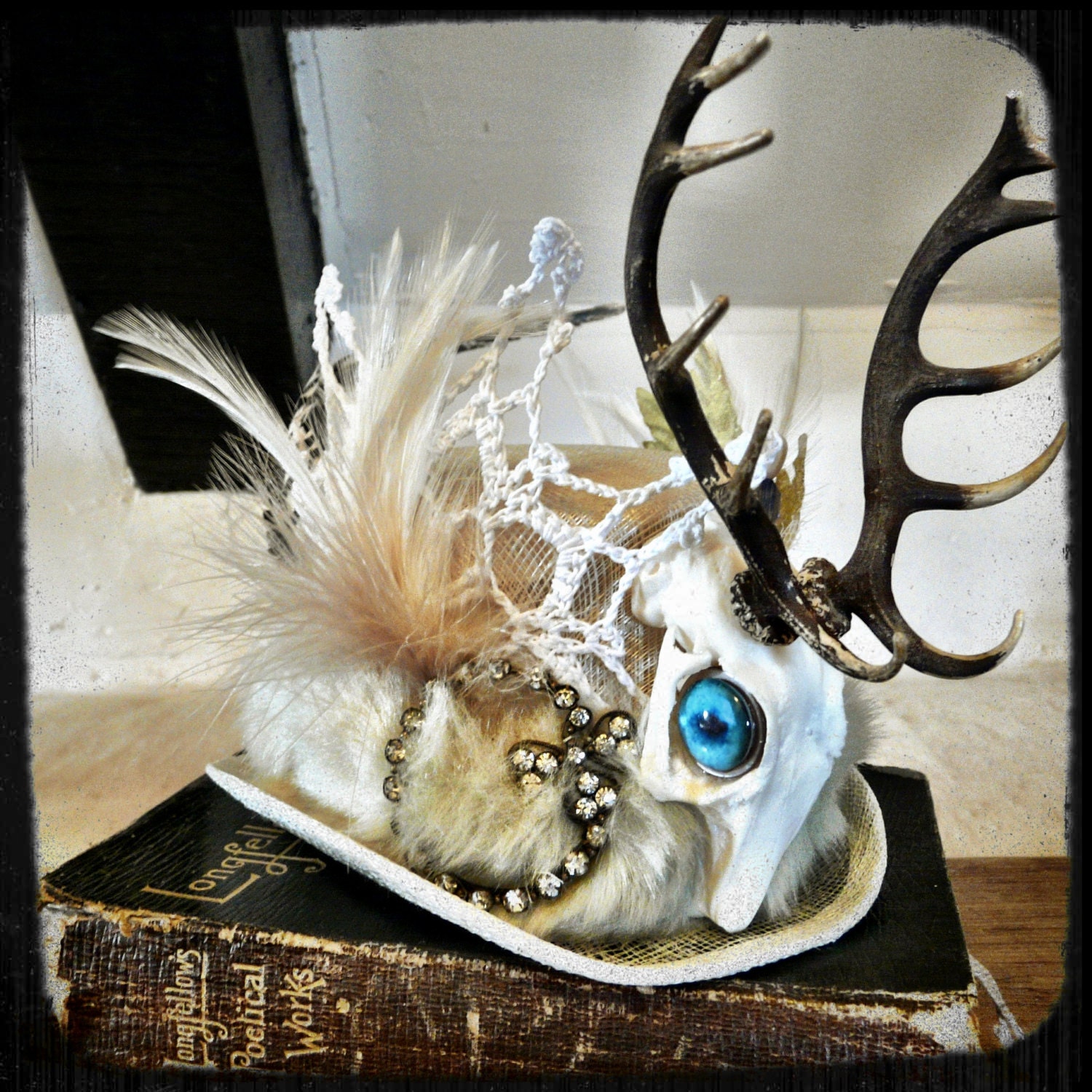 Faux Jackalope Skull on a Ivory Color Mini Top Hat