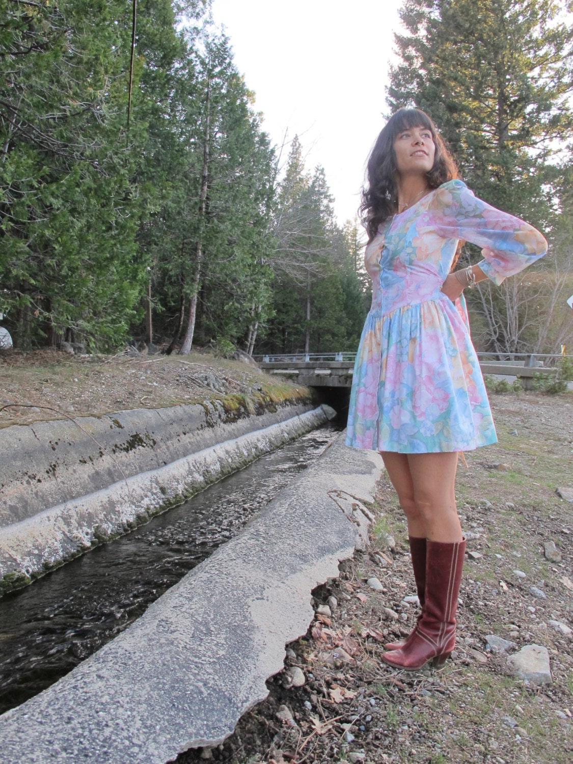 80s Pastel Floral Mini Dress with Sheer Sleeves