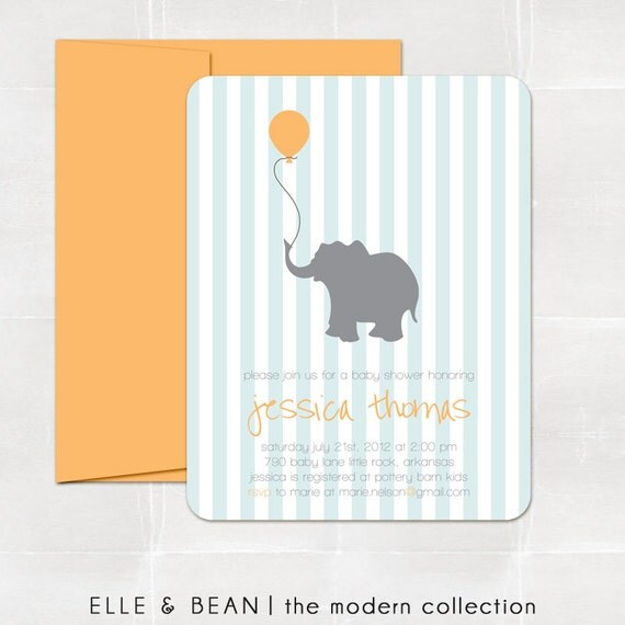 baby elephant. baby shower invitation. printed and handmade Il_570xn