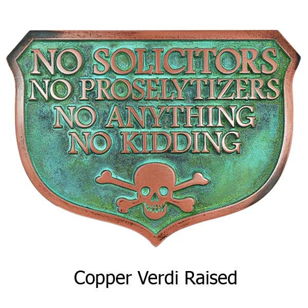 Large No Solicitors No Kidding Great Shield Shape with Pirate Skull and Cross Bones 15x11 inches