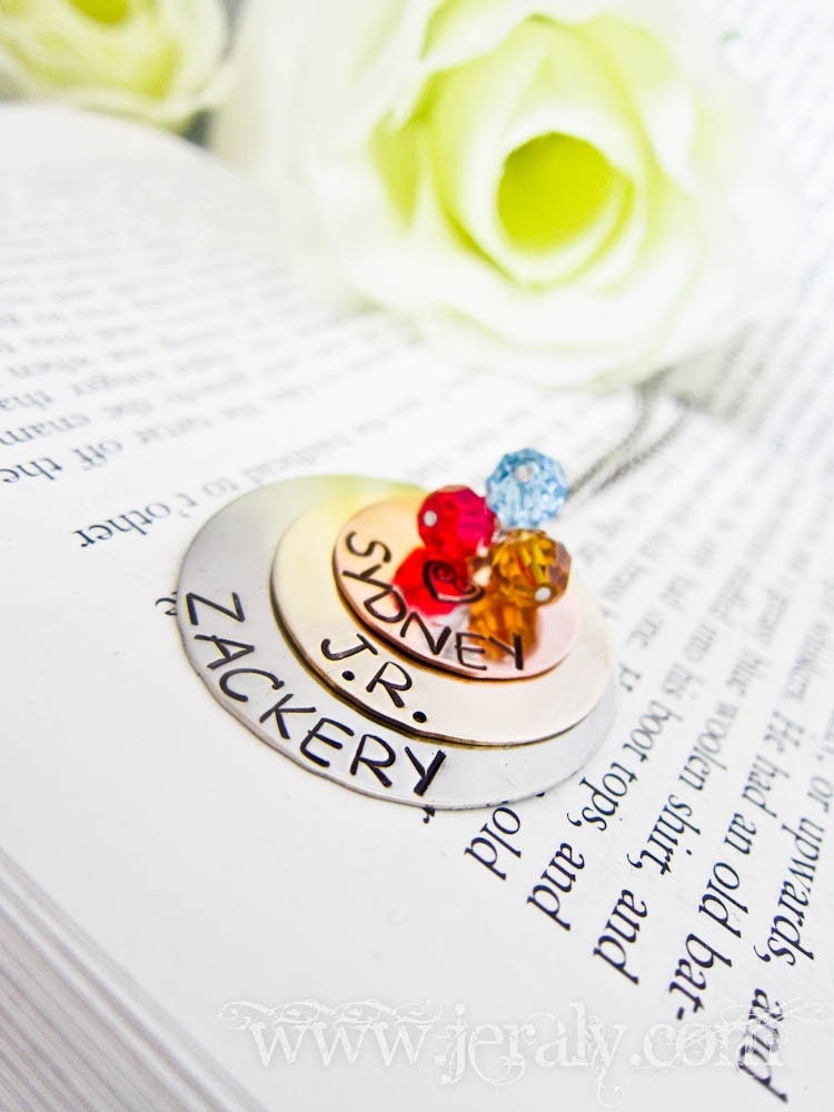 Hand Stamped Mother Necklace with Fleur De Lis - Custom Birthstone Charms - Three Stacked Mixed Metal Discs