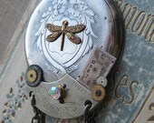 Brooch LOVELY engraved antique silver pocket watch DRAGONFLY pin RHINESTONES watch parts