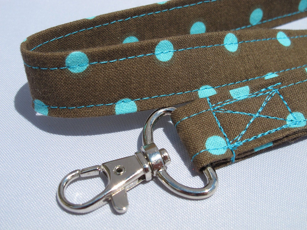 ID Badge Lanyard Turquoise aqua polka dots on chocolate brown