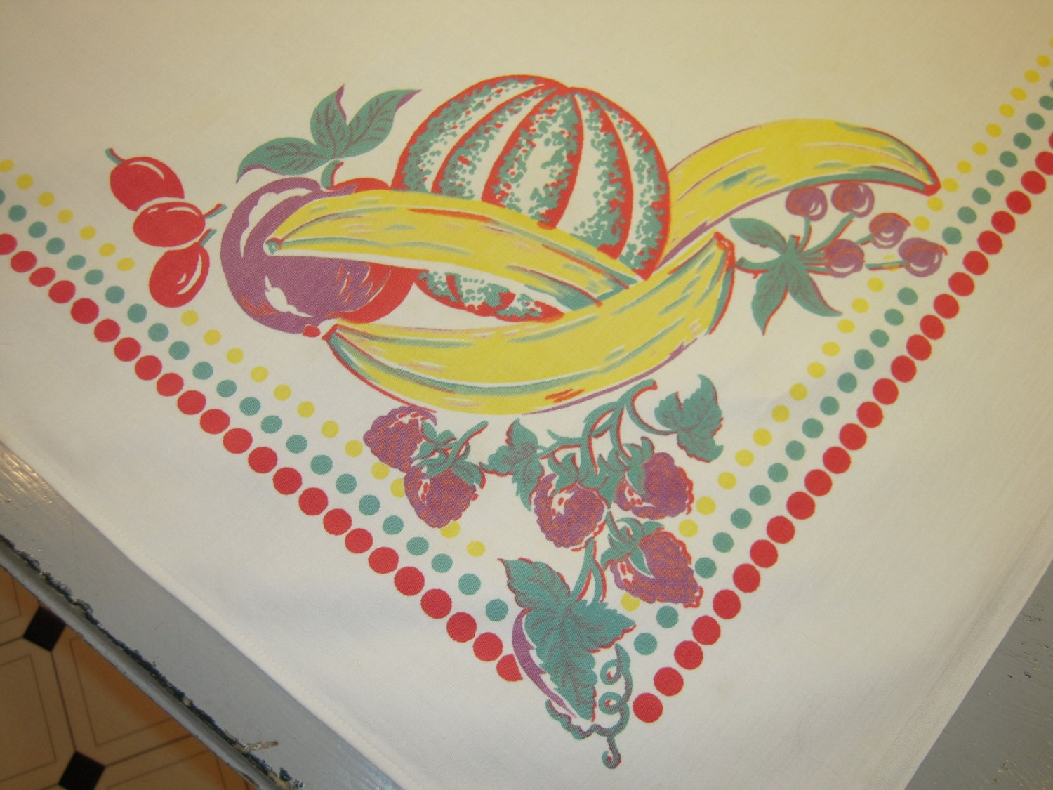 Vintage Tablecloth Colorful Fruit & Polka Dots