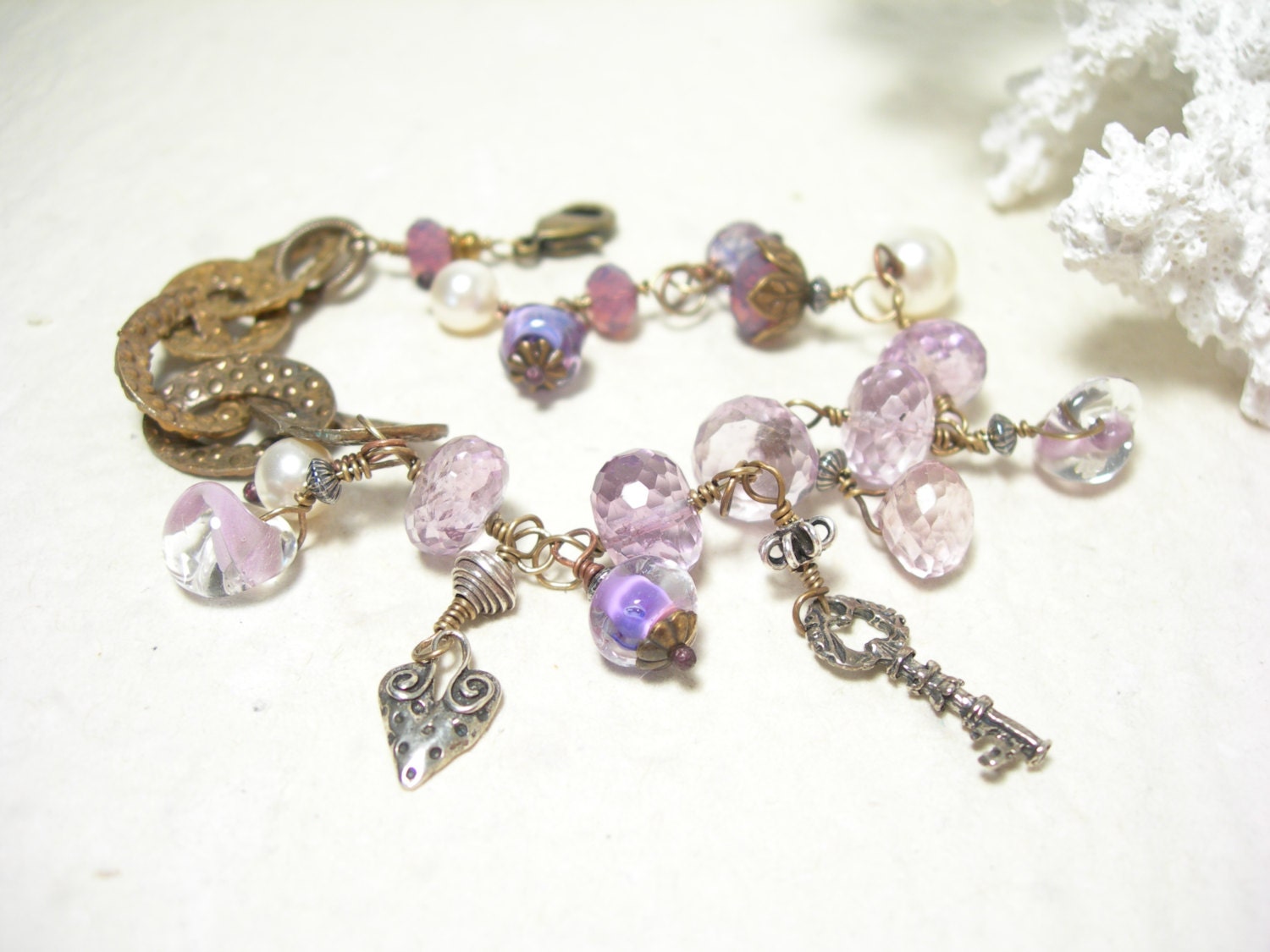 Amethyst bracelet february birthstone sterling silver heart charm pink amethyst violet lampwork one of a kind pamelasjewelry